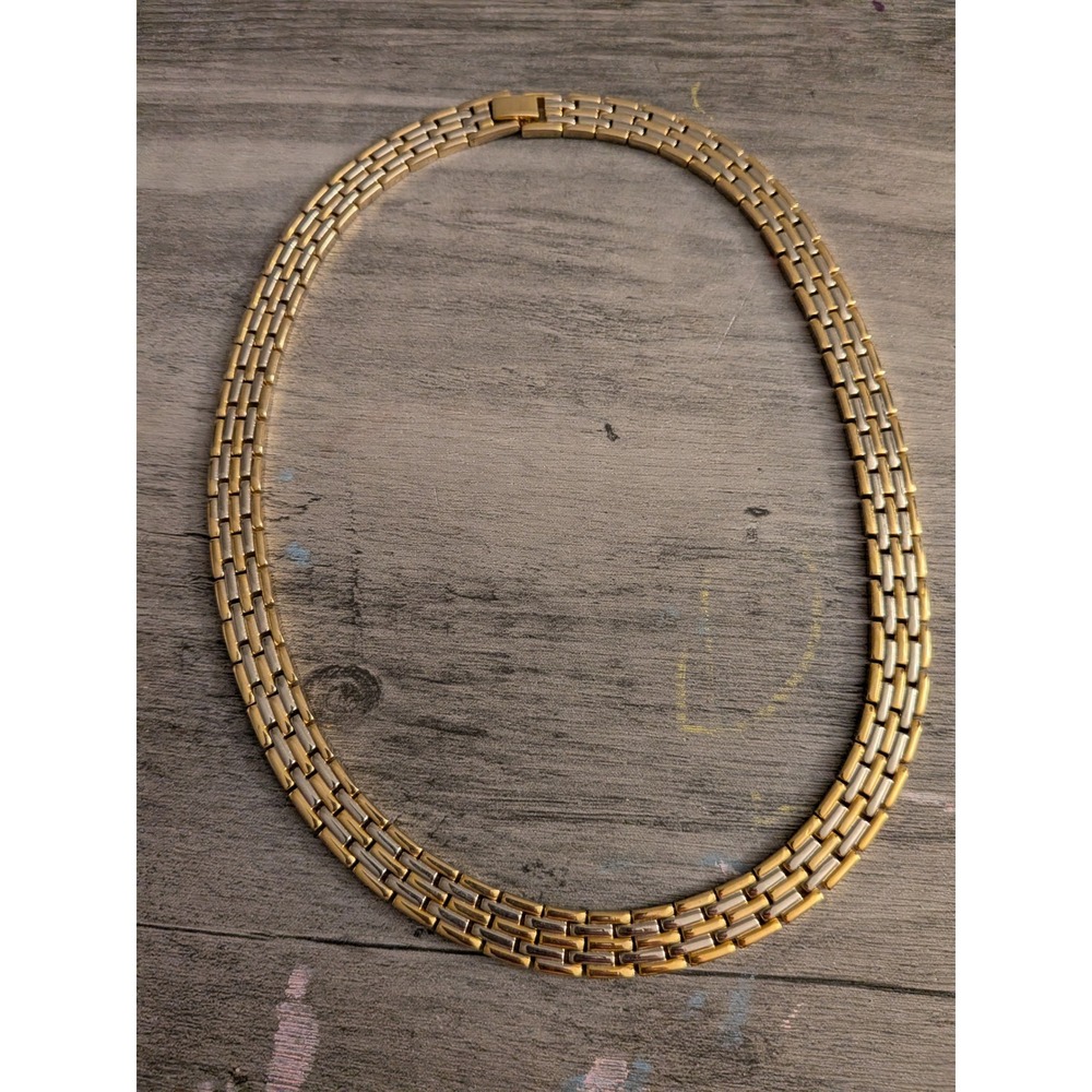 Mens Two Tone Panther Link Chain Necklace Gold Silver Tone Flat Polished Choker
